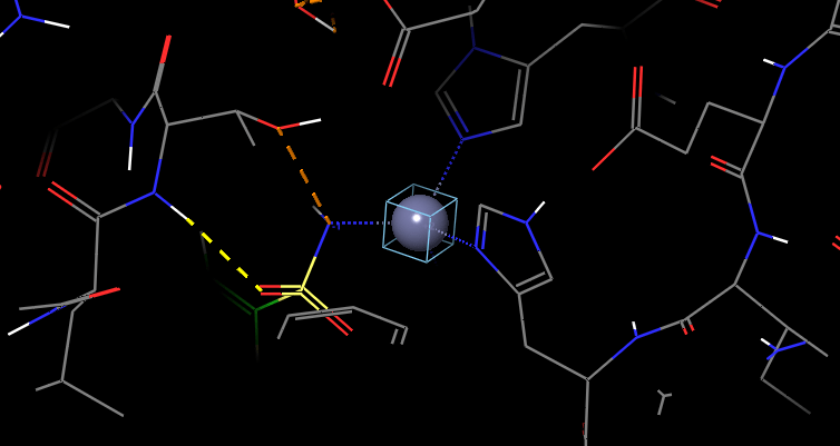 Koordinasyon halinde bir metal atomu. Tepkime metal ligand tepkimesidir.